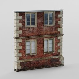 "Low poly front model of a Victorian Town House in Blender 3D, perfect for historic architectural visualization. Includes textured brick design, clock tower, and detailed windows. Created by Thomas Dalziel for versatile use in game design and miniature model scenes."