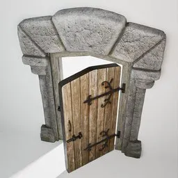 Detailed 3D model featuring a rustic medieval door with iron hinges set in a textured stone arch, designed for Blender.