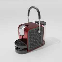 "Red Hisense coffee machine with adjustable handle - 3D model for Blender 3D in the household appliances category. Product design render inspired by Frederick Goodall and William Dobson, featuring chrome spheres on a red cube."