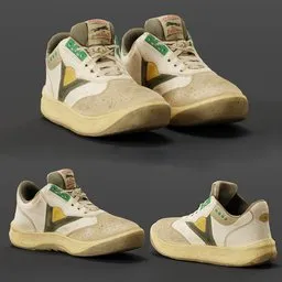 "Realistic Shoes 3D model optimized for Blender 3D software, featuring a unique yellow and green 1980s design. Created using 3D scanning technology, this model boasts a high level of detail and accuracy. Perfect for any footwear or fashion project."
