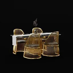 Elegant brass gold and marble 3D table set with chairs, designed for Blender rendering, isolated on black.