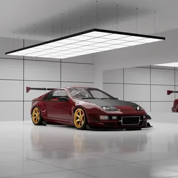 Detailed 3D model of red sports car in a modern showroom environment, ideal for Blender 3D artists.