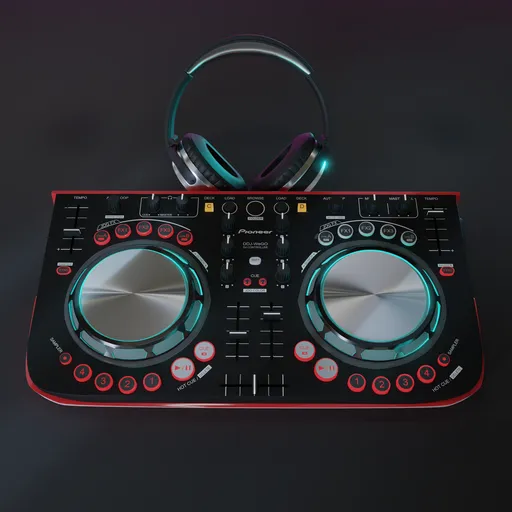 Highly detailed Blender 3D model of a red DJ controller with accompanying headphones.