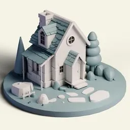 Stylized 3D Blender model featuring whimsical house with blue roof, white door, surrounded by cartoonish trees and rocks.