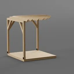"A wooden pergola model with a table and canopies, designed for gardens and outdoor settings. Created in Blender 3D software, inspired by the works of Katsukawa Shunchō and Bartholomeus Strobel. Available for commercial use and made with reclaimed lumber."