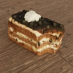"3D scanned model of a chocolate and cream cake, inspired by Lev Lvovich Kamenev's art style. Quad mesh and rendered in Unreal Engine 5 for high quality details. Perfect for use as a videogame asset or in computer renders using Blender 3D."