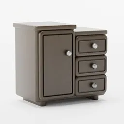 "Stylised Drawer 3D model for Blender 3D - Featuring a small gunmetal grey cabinet with three drawers and a door, inspired by Josef Navrátil's design from the 1920s. Perfect for creating a 3D video game render or adding a touch of vintage charm to your virtual hall. A simple yet stylish addition to your Blender 3D collection."