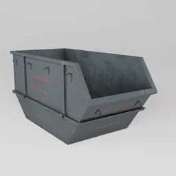 "3D model of a photorealistic Rubbish Skip container in Blender 3D software. This gray container features a red label, barrows, and a steel collar. Ideal for industrial and container-related projects, this ultra-detailed model includes a variety of elements such as a face, automated defense platform, trash, basement, and forge."
