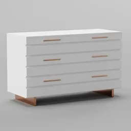 "White Dresser with Drawers - Blender 3D Model for Bedroom Furniture Render. Featuring a wooden base, angular asymmetrical design, and copper elements inspired by Billelis style. Perfect for creating polygonal dressers and cabinets in various scenes with rounded shapes. Explore this 3D model now!"