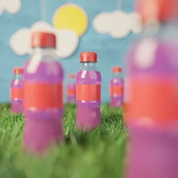 Brightly colored bottles in grass for 3D mockup, ideal for Blender rendering of outdoor product displays.