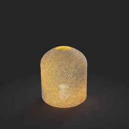 "Straw pitcher-03: a yellow vase with a black background adorned with knitted mesh material, emitting a radiant golden light. Ideal for decorative use in the bedroom, office, or recreation area. A high-quality 3D model for Blender 3D."