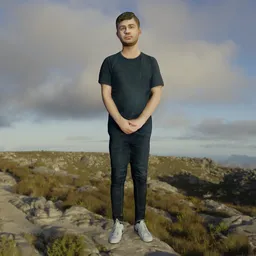"Koky, a young male character 3D model for Blender 3D. Featured on artscape, Koky is an arafed man standing on a rock in a field, perfect for panoramic anamorphic scenes. Available in 8k resolution with Vray and Arnold support."