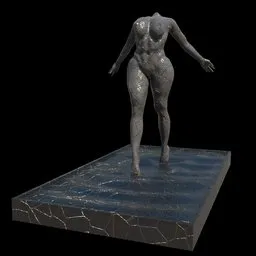 "Golden-cracked marble nude sculpture of a woman walking on water, created with Blender 3D software. Inspired by Hans Erni, the woman has outstretched arms and the marble creates a granite-like appearance. Perfect for sculpture enthusiasts and Blender 3D users."