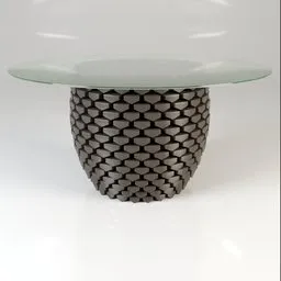 3D-rendered elegant dinner table with honeycomb base and reflective glass surface, designed for Blender.