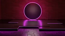 Brick-walled 3D scene with neon pink circle, teal lighting for product visualization in Blender.