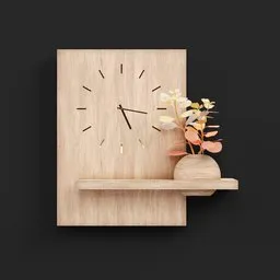 Minimalist wooden 3D clock model with shelf and decorative vase for Blender rendering.