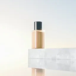 Elegant 3D rendered cosmetic bottle on a minimalist white podium for product display and design presentation.