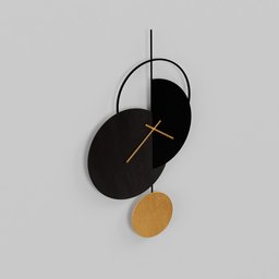 "3D model of the Fake Pendulum Clock Levvy, a design piece inspired by Sophie Taeuber-Arp's abstract spiritual background. This Blender 3D model features a black and gold clock with interconnections and a neo-classical composition. Perfect for product renderings and adding a touch of elegance to any virtual space."