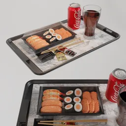 "Restaurant and bar 3D model featuring a tray of sushi and CocaCola can. Created with Blender 3D software and inspired by the works of Gregorio Lazzarini and Gillis Rombouts. Perfect for interior design and furniture projects."