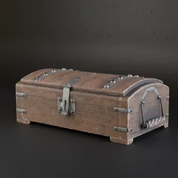 Detailed wooden 3D model chest with metal clasp and straps, suitable for game and environment design, compatible with Blender.