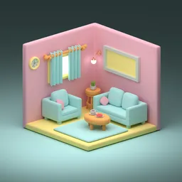 Isometric Blender 3D model showcasing a stylized living room with furniture and soft lighting for creative design use.