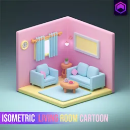 Isometric Blender 3D model showcasing a stylized living room with furniture and soft lighting for creative design use.