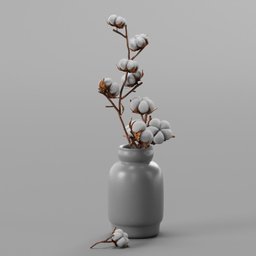 Realistic 3D-rendered vase with textured surface and detailed cotton flowers, perfect for Blender modeling enthusiasts.