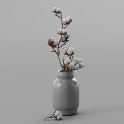"Bumpy ceramic vase with cotton flowers, including fallen petals. This 3D model in Blender 3D features high micro-details and a monochrome color scheme with a touch of blue-fabric. Created by Li Tang, this vase with cotton flowers is a perfect tabletop model for those who love simplified realism in their art."