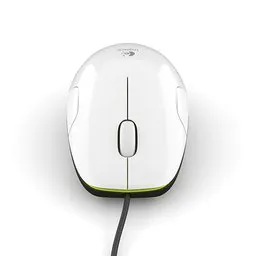 Detailed 3D rendering of a white, wired computer mouse with scroll wheel for Blender graphics projects.