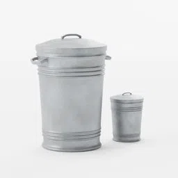 Detailed 3D model render of two metal trash cans for Blender, showcasing texture and lighting.