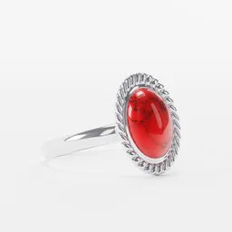 High-quality Blender 3D model of a silver ring with a shiny, oval-cut red ruby highlighted by a detailed band.