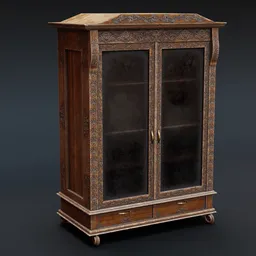 "Victorian style bookcase with glass doors, detailed 8K textures, created by Josef Navrátil for Blender 3D. Ideal for office storage and video game design. Inspired by Brenda Chamberlain's designs. "