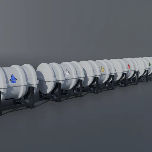Detailed 3D model lineup of hazardous material storage tanks with warning labels, compatible with Blender.