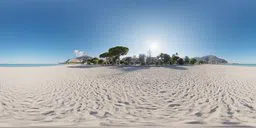 360-degree beach panorama with clear skies for realistic lighting and shadow in 3D scenes.