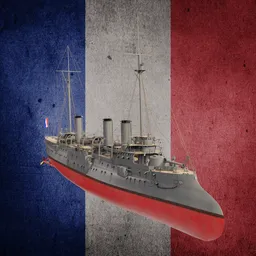 "French protected cruiser, D’Entrecasteaux, a realistic and untextured 3D model in Blender 3D. Featuring a large ship with a flag, French colors, and historically accurate design, perfect for naval enthusiasts and game graphics. Explore this meticulously crafted BlenderKit 3D model for an immersive experience."