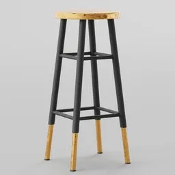 "Discover a stunning Gold Stool, perfect for Blender 3D scenes. Featuring a wooden seat on a gray surface, this trendy bar chair exudes elegance with its gold and black accents. Get this nonbinary model with a tall, thin build, available for download at 1000.com, and elevate your design with a touch of luxury."