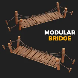 "Stylized modular Bridge 3D model created in Blender 3D, featuring intricate wooden design with ropes and posts. Perfect for game assets, Steam workshop maps, and even Telegram stickers. Originally made for UVula Studio, this unique architecture boasts complex details and a nomadic feel."
