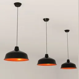 Three black industrial-style pendant lights 3D model, with orange lit interior, rendered in Blender.