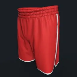 Red 3D sports shorts model with white trim, designed for Blender character animation and apparel rendering.