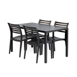 3D model of black resin Ares Rectangle outdoor dining table with four chairs for poolside and beach.