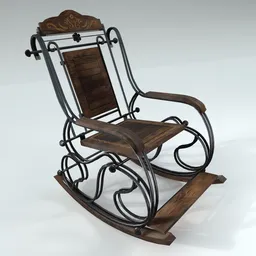 Detailed 3D model of a vintage-style wooden and iron rocking chair, ideal for Blender 3D projects.