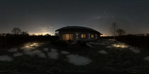 360-degree HDR panorama of a house with green lawn, hedges, and purple flowers at night for scene lighting.