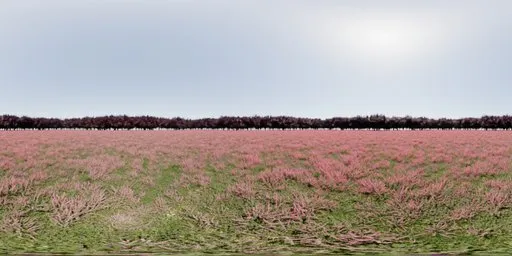 360-degree HDR image of a vibrant pink flower field with a clear blue sky, perfect for realistic scene lighting.