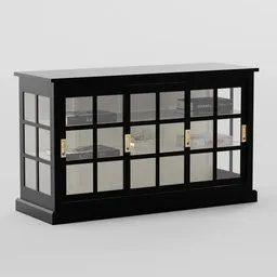 Detailed Blender 3D model of a modern black seethrough display bookcase with sliding glass doors and shelves for interior design.