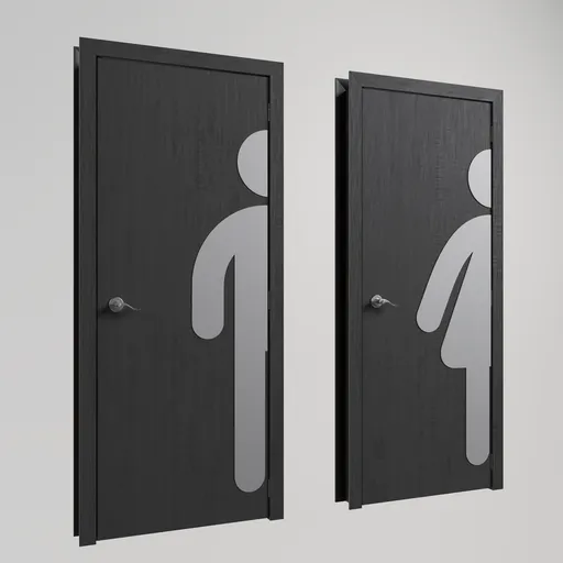 Realistic male and female restroom 3D model doors with symbols for bathroom, designed for Blender rendering.