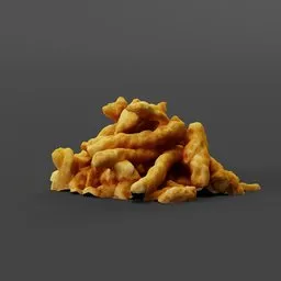 Here are three options for alt text:

1. Lowpoly 3D model of "Snacks Kurkery", including a pile of cheetoe chips on a gray surface. Inspiration drawn from Derek Chittock's "chicken man" and Wu Daozi's work, produced in Blender 3D software.
2. 3D model of "Snacks Kurkery", featuring a fantasy-inspired pile of cheetoe chips on a gray surface. Created in Blender 3D software and scanned to reduce to 15K(lowpoly).
3. Professional lowpoly 3D model of "Snacks Kurkery", showcasing a pile of cheetoe chips on a gray surface. Influenced by Derek Chittock's work and Wu Daozi's style, generated using Blender 3D.