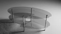 Detailed 3D rendering of a modern oval glass table with metallic supports for Blender modeling.