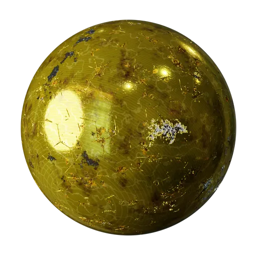 High-resolution PBR texture of tarnished gold with scratches and wear, ideal for realistic 3D rendering in Blender.