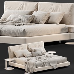 "Blender 3D model of the OZIUM Bed by DESIREE. Dimensioned at 180 x 202 x 89 H, the bed features dynamic folds and subtle cream and white colors. Renders beautifully in cycles with 614,508 polys, perfect for any 3D design project."