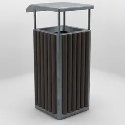 Detailed 3D rendering of a metallic trash bin with wooden slats, suitable for Blender rendering and outdoor scenes.